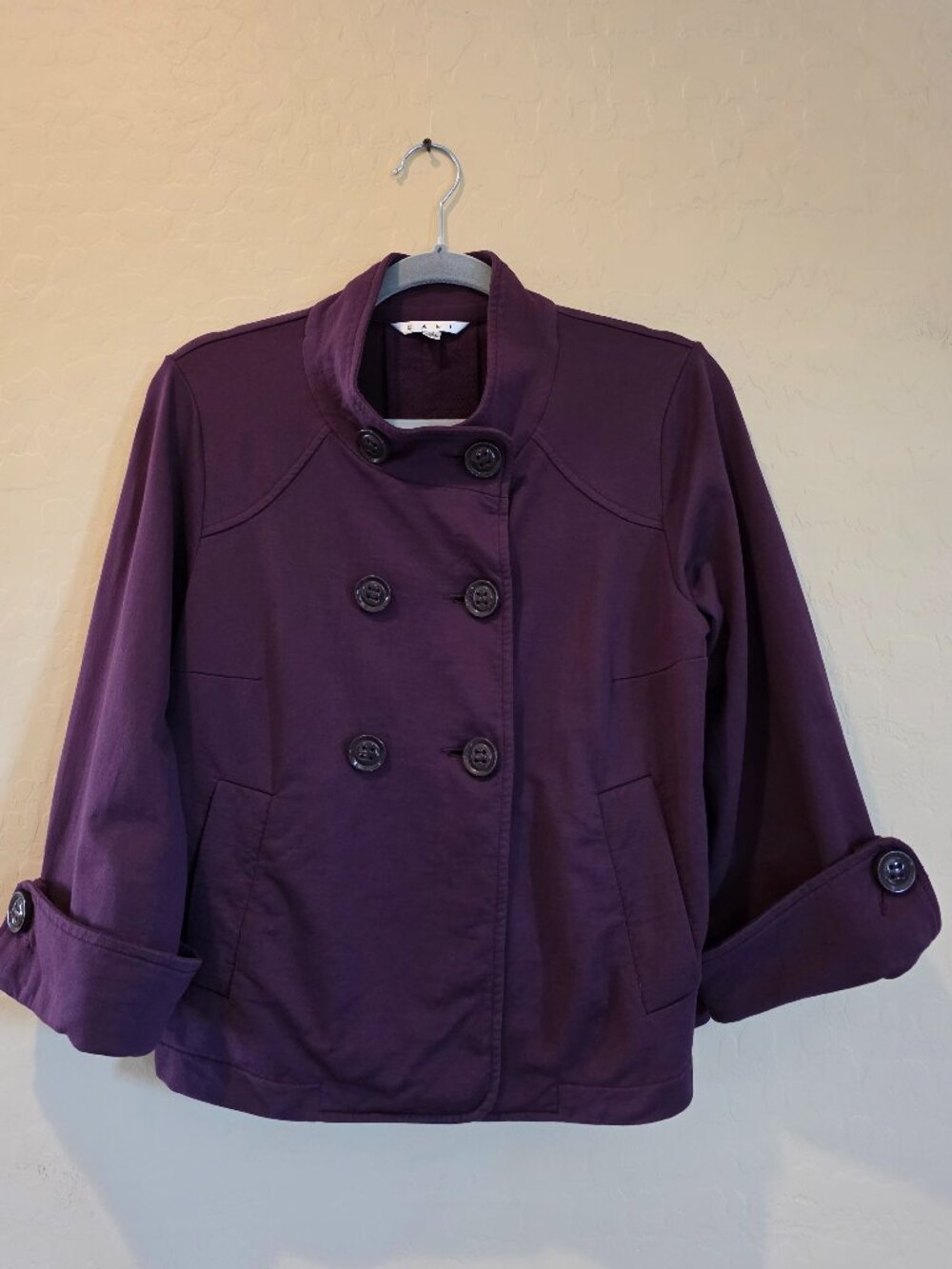 Cabi "Terry Topper" Double Breasted Swing Style Plum Eggplant Purple 3/4 Jacket